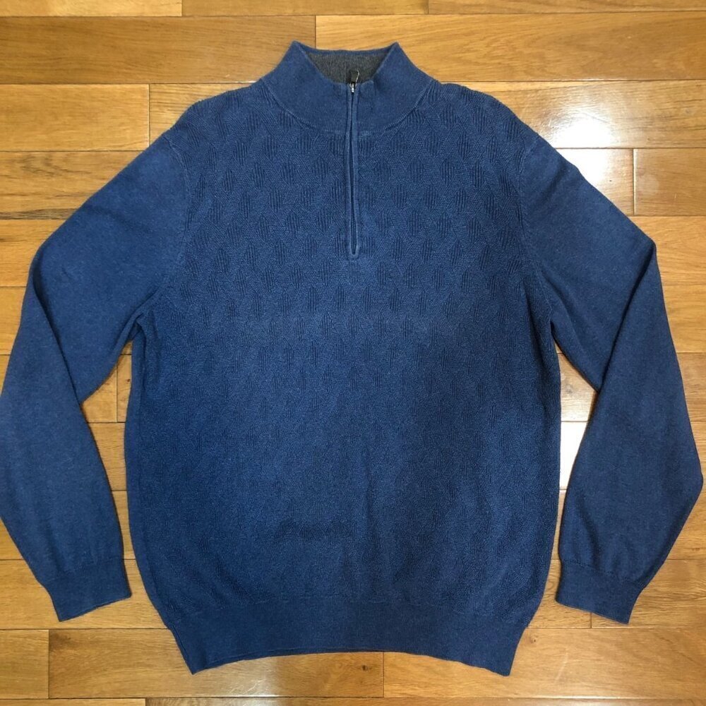 Joseph Abboud Cotton Cashmere 1/4 Zip Long Sleeve Mock Neck Blue Sweater Size L